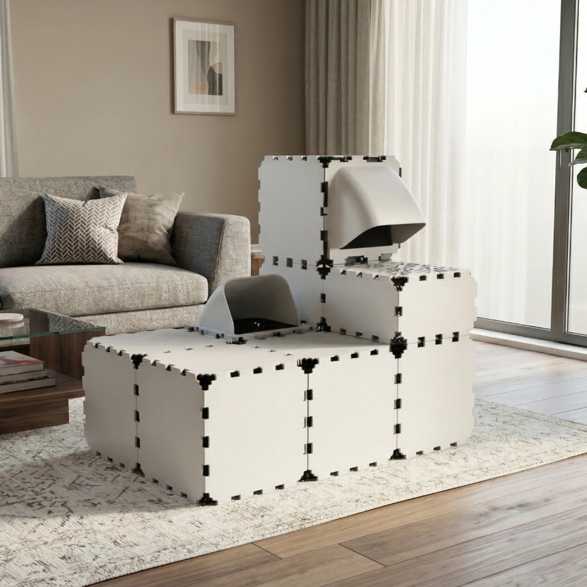 Cubik Modular Cat Play House with FLORA Entry V2 planter panel for indoor cats, additional view