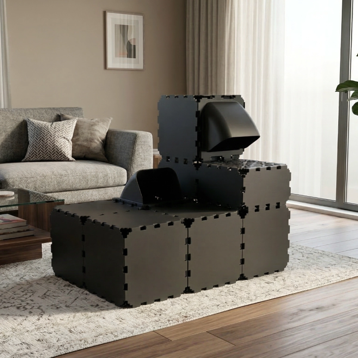 Cubik Modular Cat Play House with FLORA Entry V2 planter panel for indoor cats, additional view