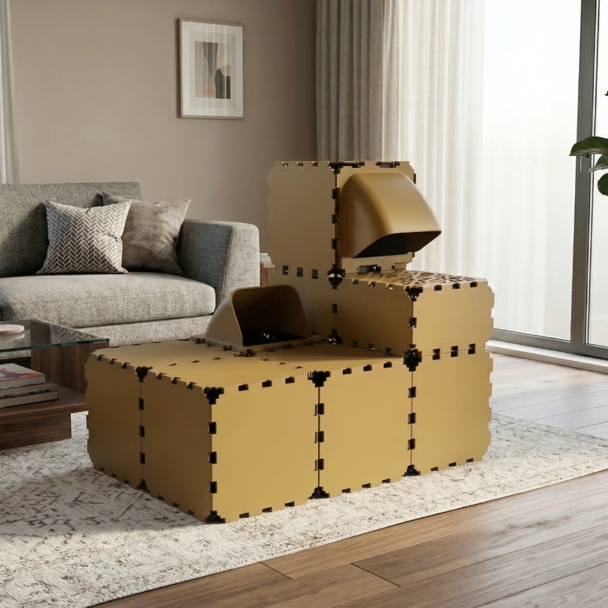Cubik Modular Cat Play House with FLORA Entry V2 planter panel for indoor cats, additional view