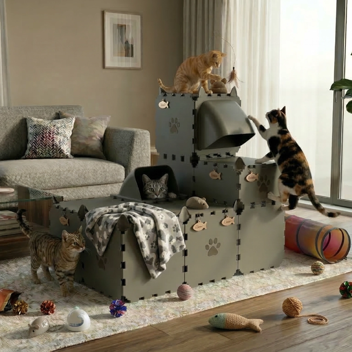 Cubik Modular Cat Play House with FLORA Entry V2 planter panel for indoor cats