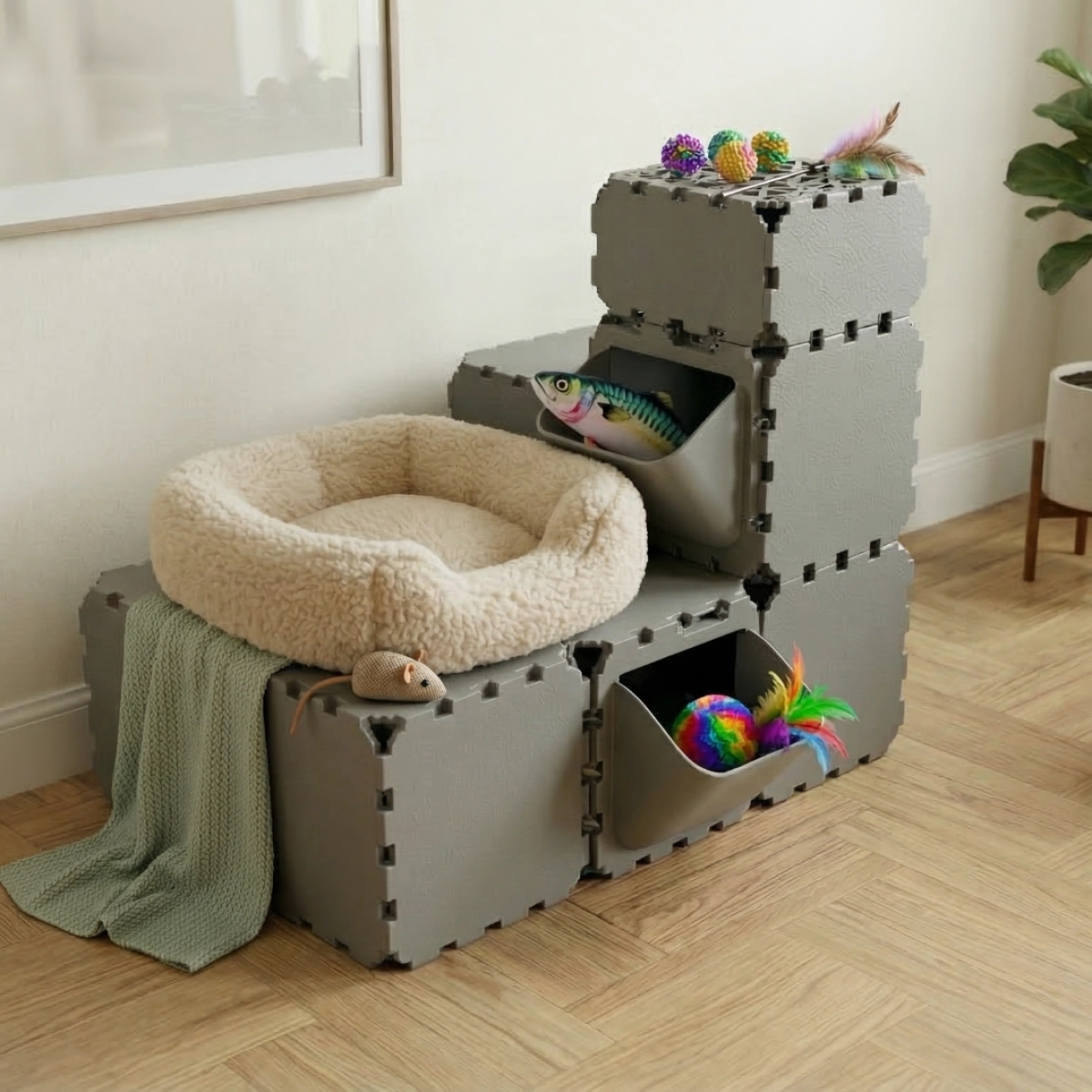 Cubik Modular Cat Play House with FLORA Entry V3 planter panel for indoor cats, additional view
