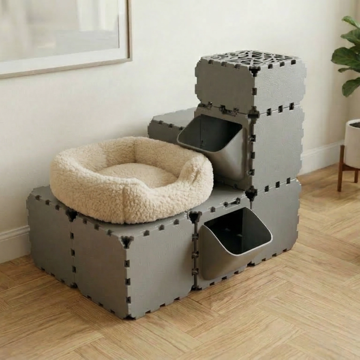 Cubik Modular Cat Play House with FLORA Entry V3 planter panel for indoor cats, additional view