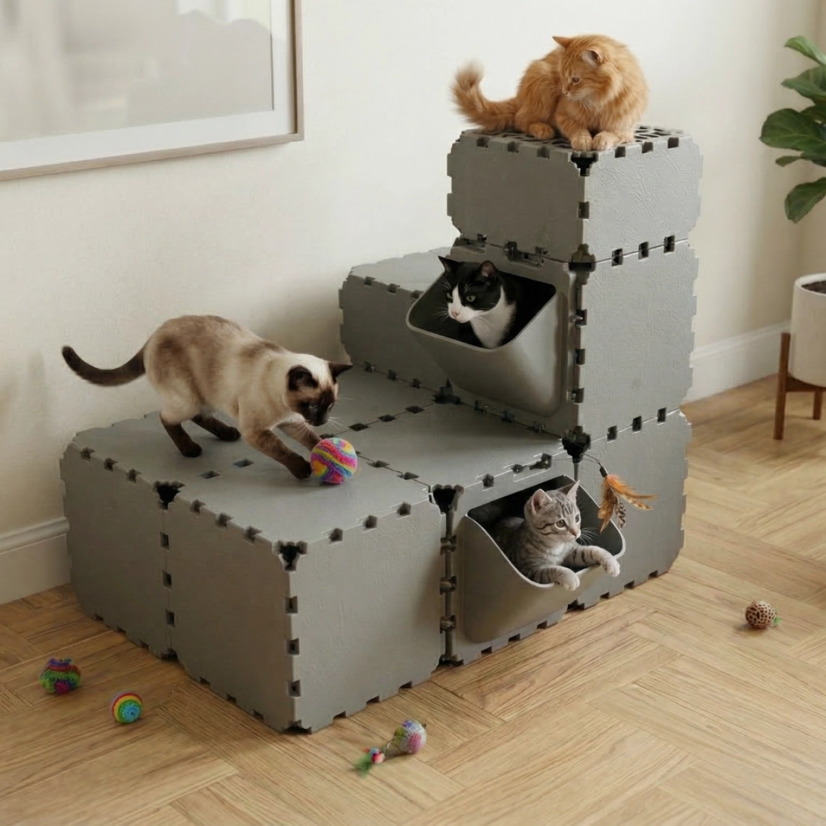 Cubik Modular Cat Play House with FLORA Entry V3 planter panel for indoor cats, additional view