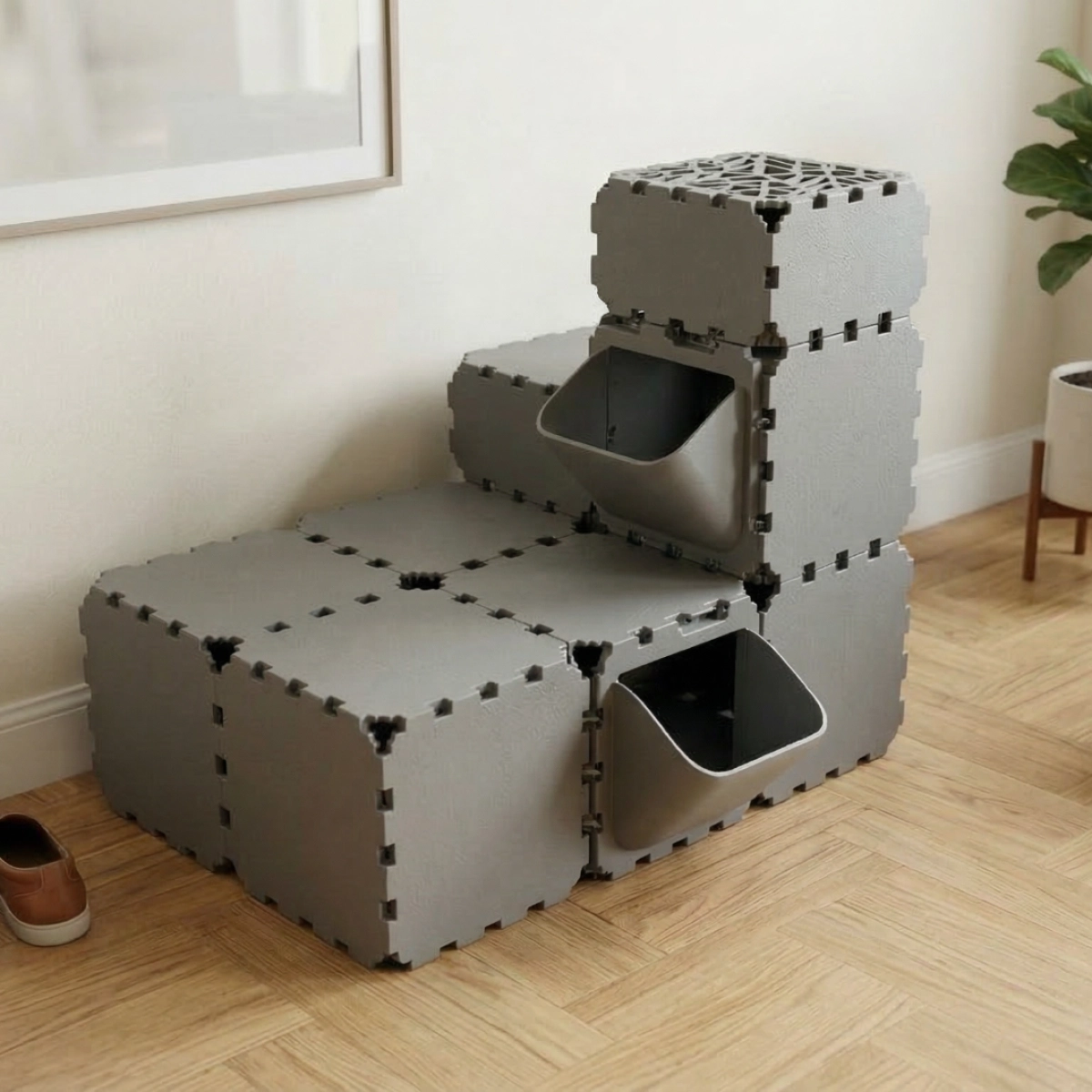 Cubik Modular Cat Play House with FLORA Entry V3 planter panel for indoor cats, additional view