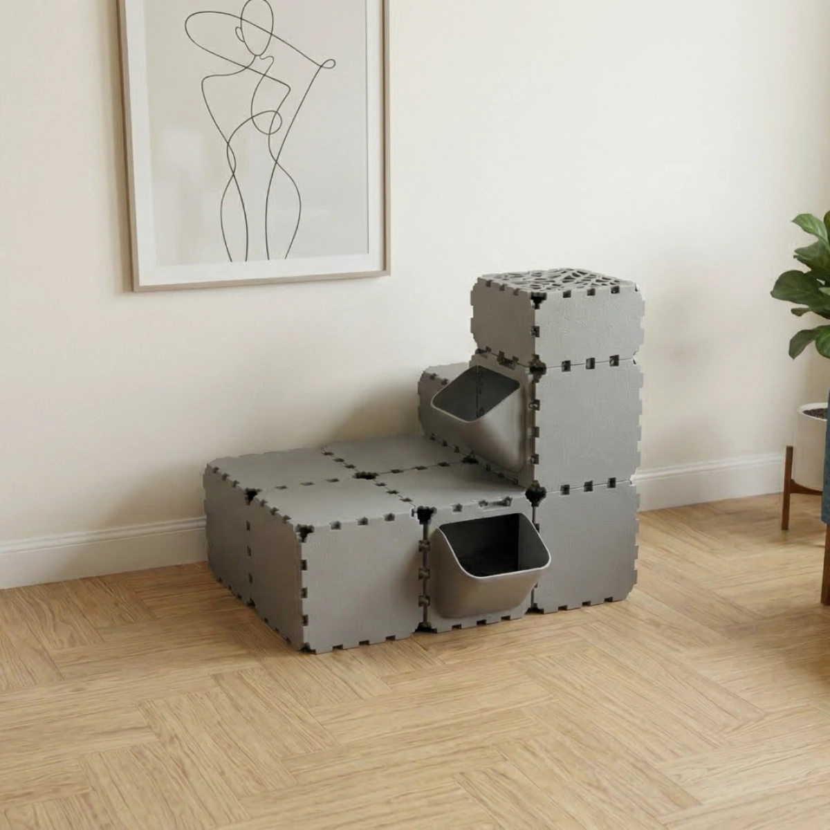 Cubik Modular Cat Play House with FLORA Entry V3 planter panel for indoor cats, additional view