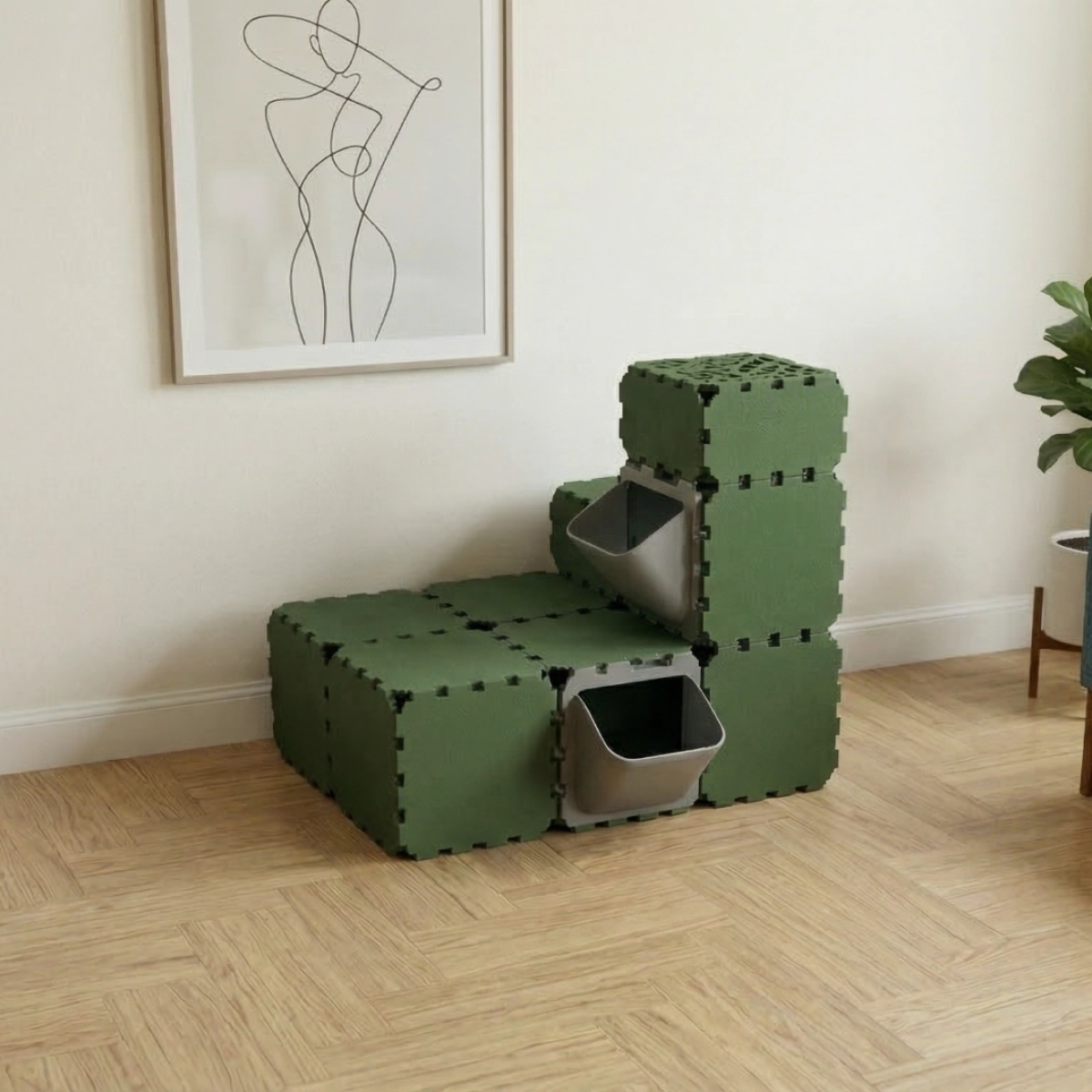 Cubik Modular Cat Play House with FLORA Entry V3 planter panel for indoor cats, additional view