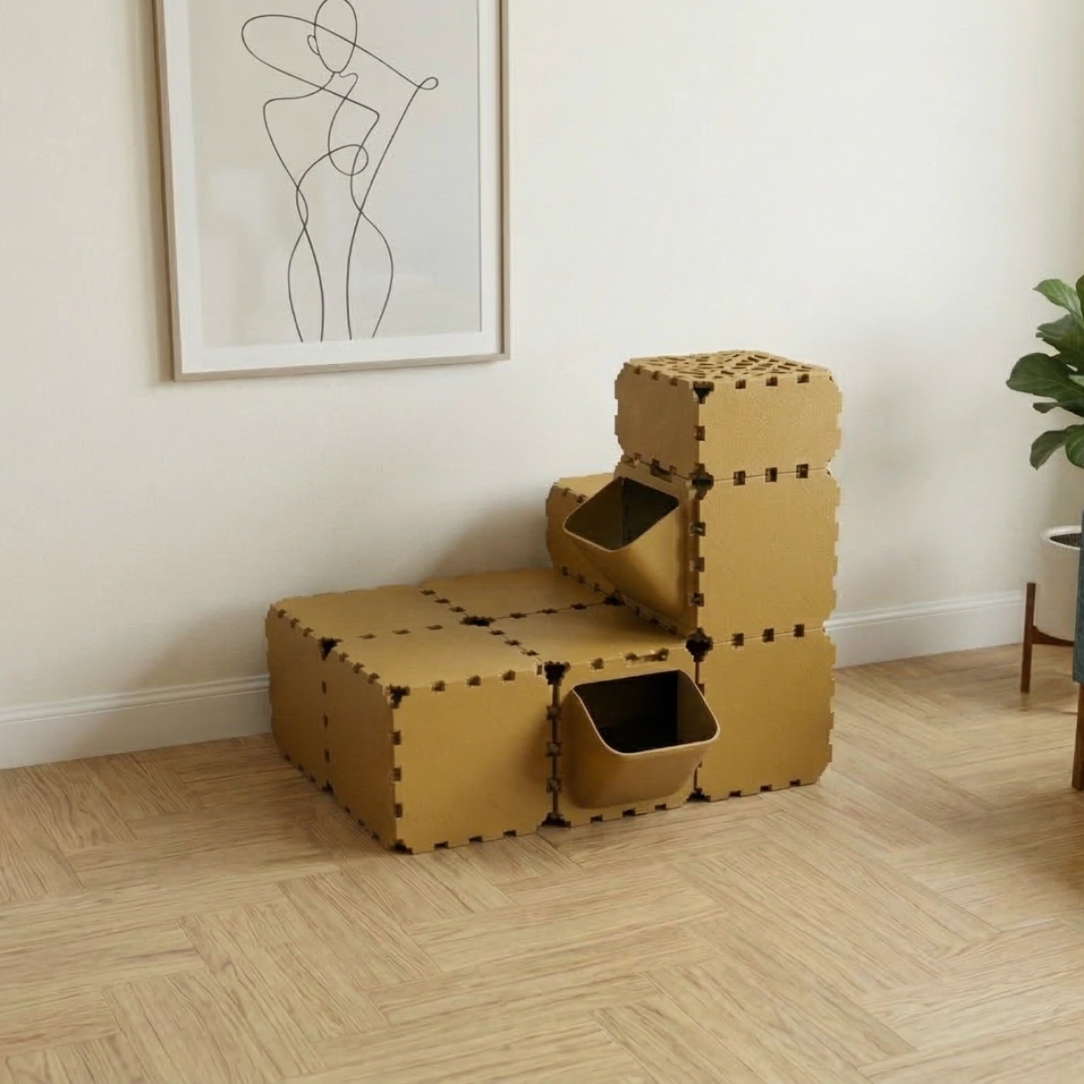 Cubik Modular Cat Play House with FLORA Entry V3 planter panel for indoor cats, additional view