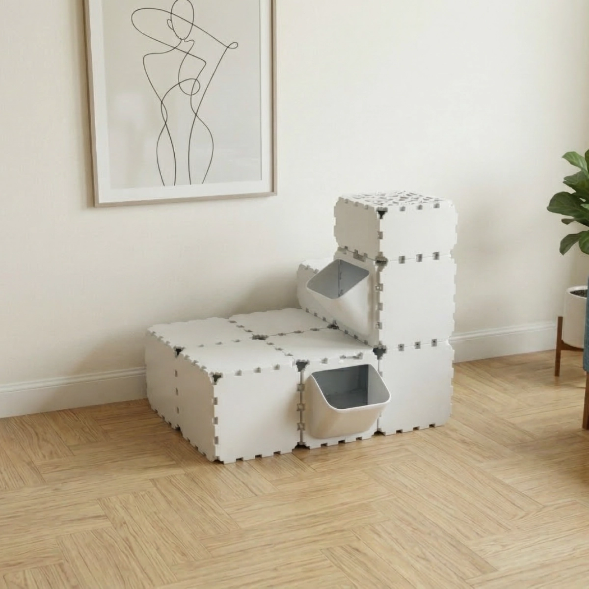 Cubik Modular Cat Play House with FLORA Entry V3 planter panel for indoor cats, additional view