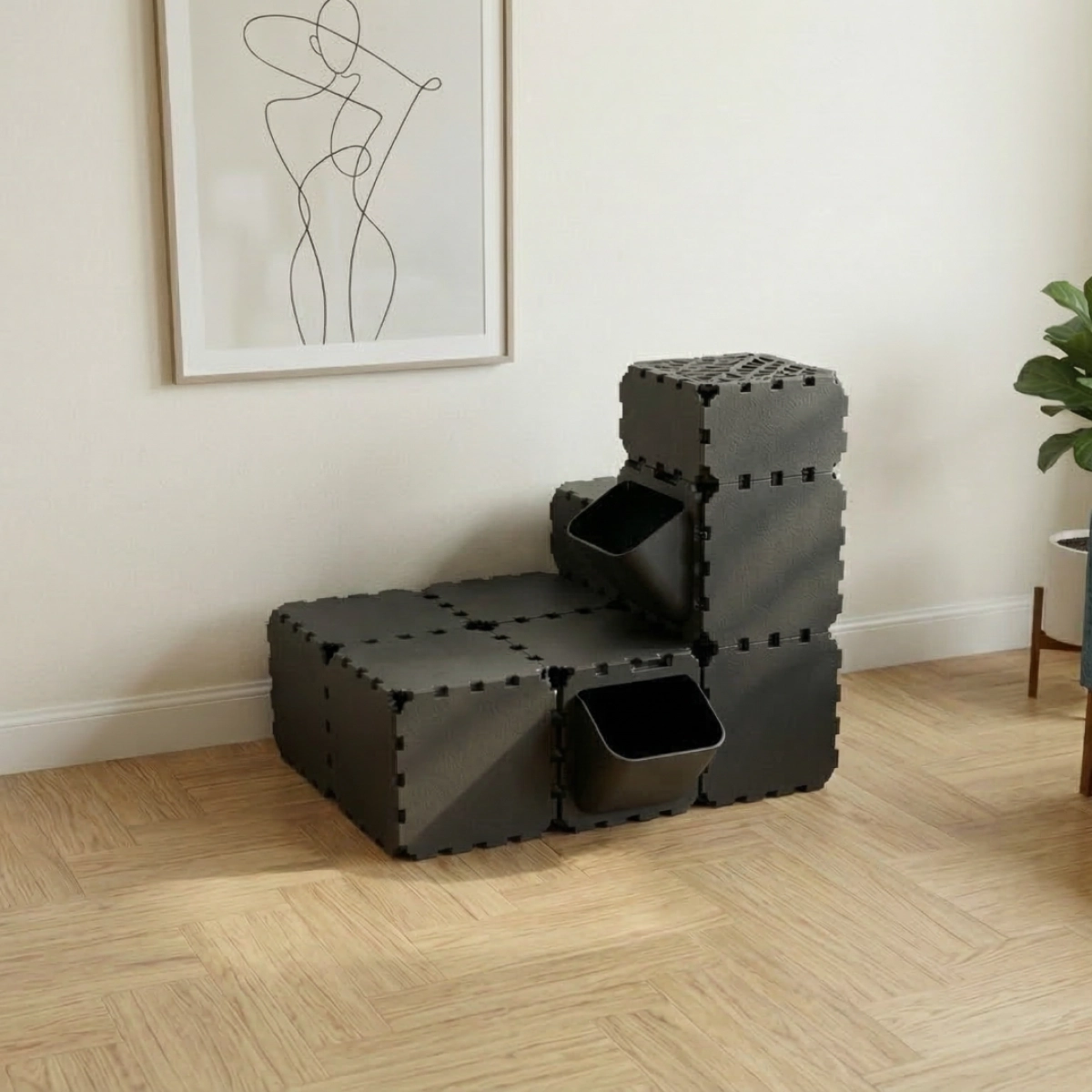Cubik Modular Cat Play House with FLORA Entry V3 planter panel for indoor cats, additional view