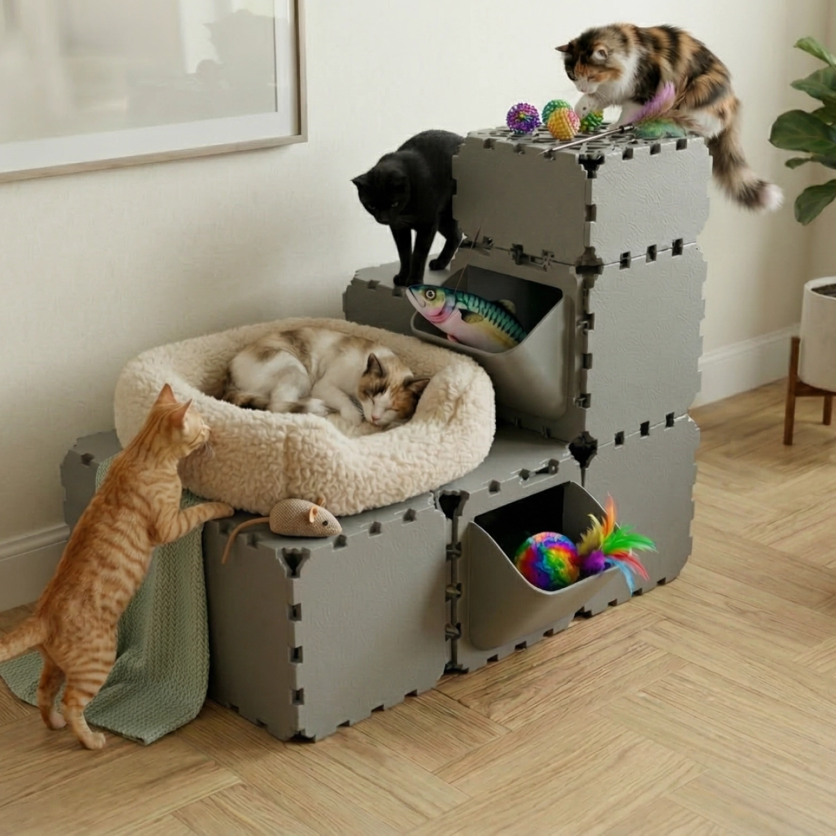 Cubik Modular Cat Play House with FLORA Entry V3 planter panel for indoor cats