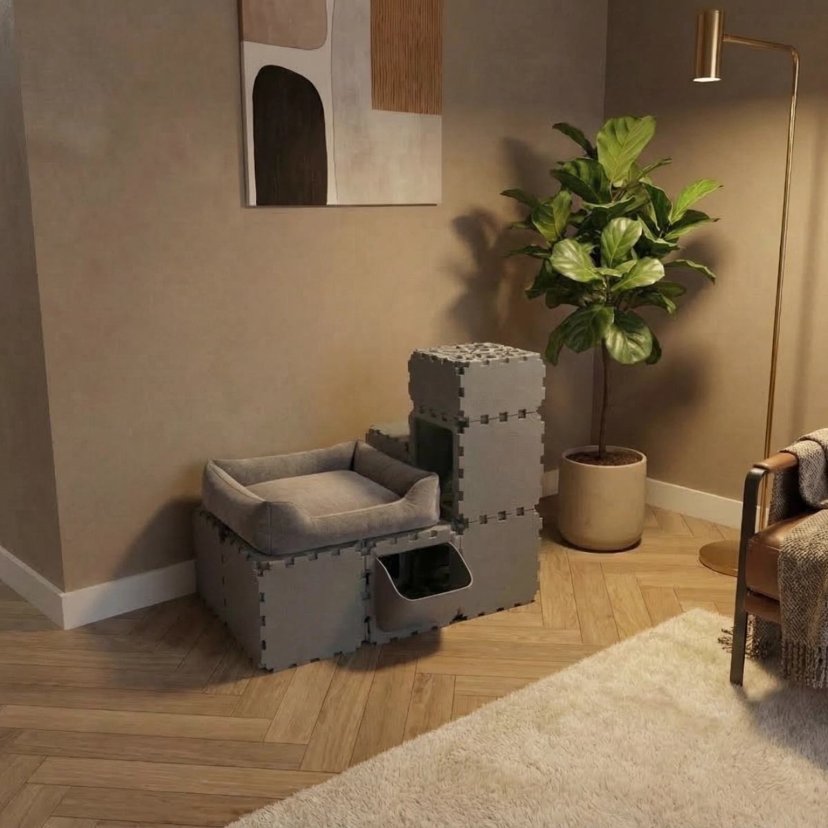 Cubik Modular Cat Play House with FLORA Entry V4 planter panel for indoor cats, additional view