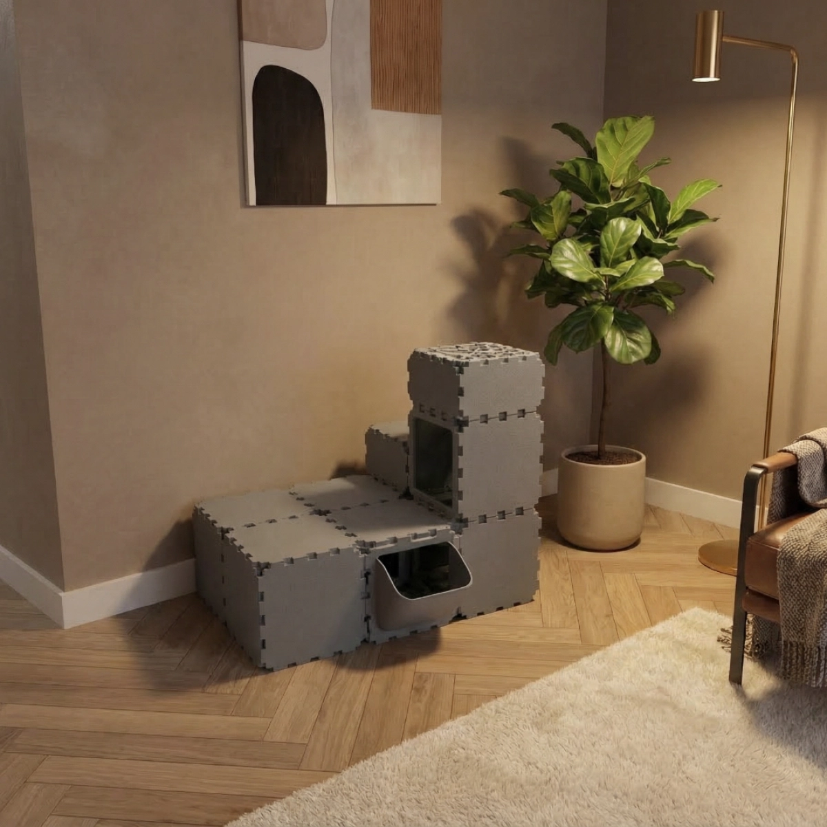 Cubik Modular Cat Play House with FLORA Entry V4 planter panel for indoor cats, additional view