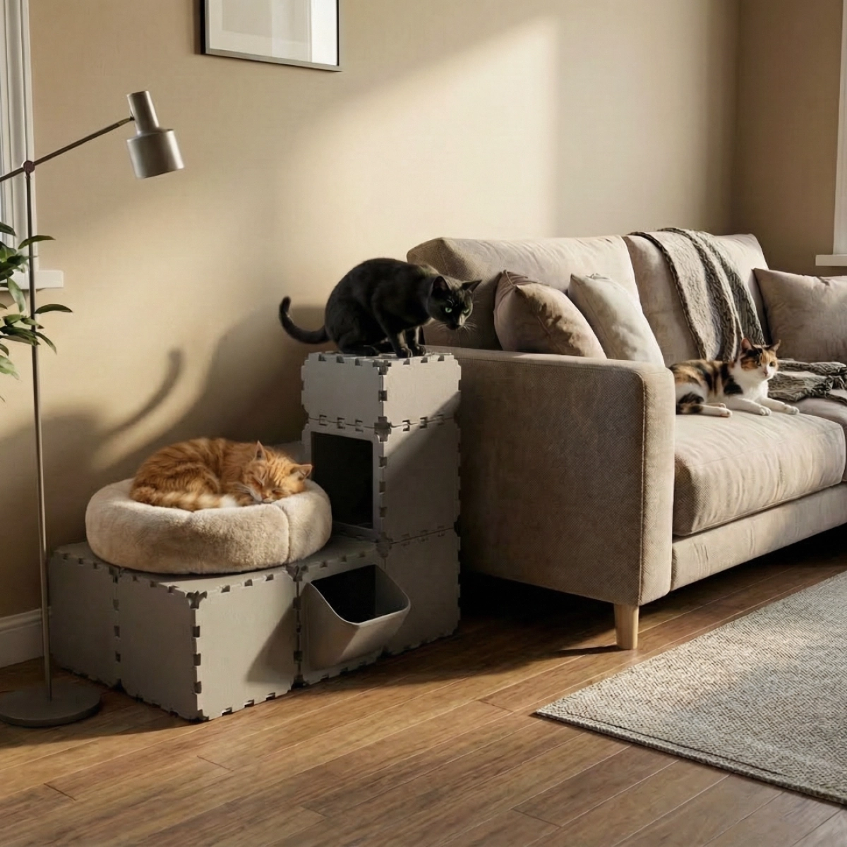 Cubik Modular Cat Play House with FLORA Entry V4 planter panel for indoor cats, additional view