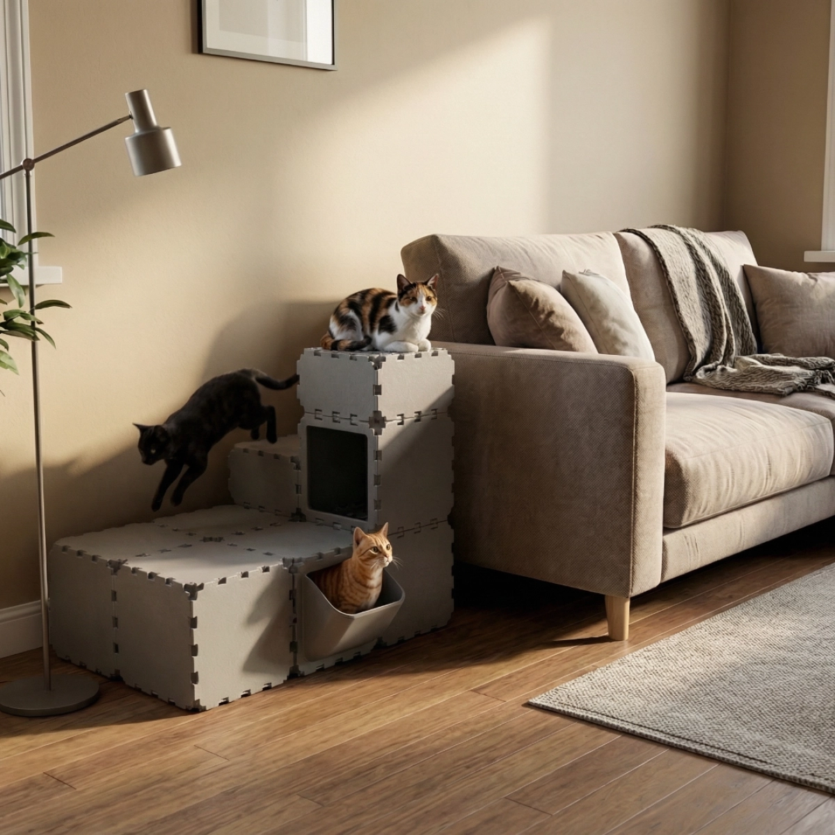 Cubik Modular Cat Play House with FLORA Entry V4 planter panel for indoor cats, additional view