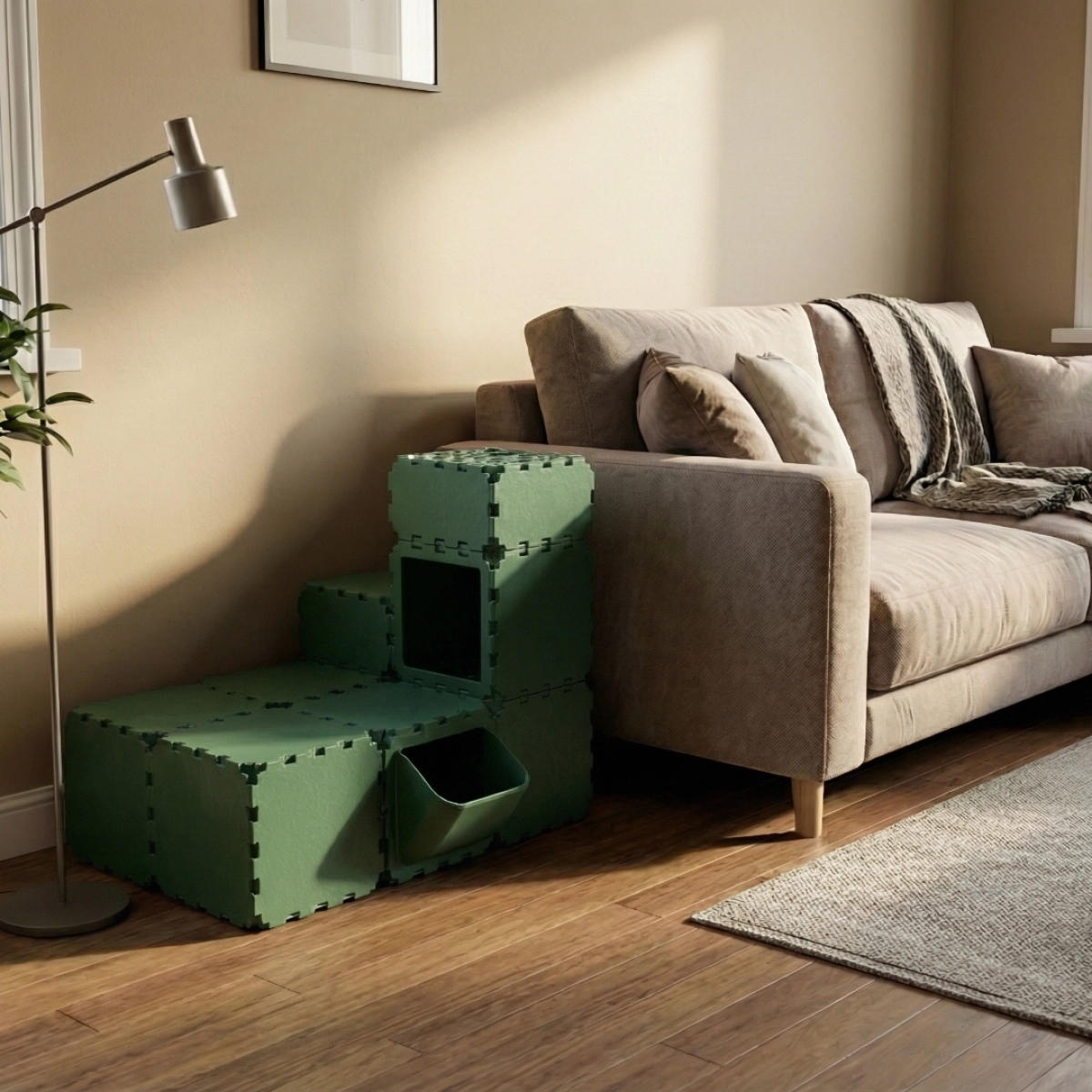 Cubik Modular Cat Play House with FLORA Entry V4 planter panel for indoor cats, additional view