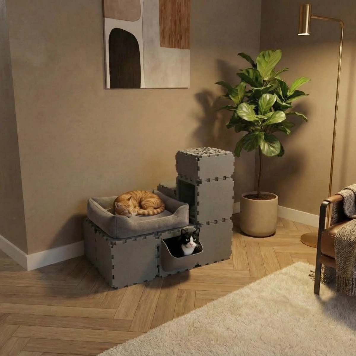 Cubik Modular Cat Play House with FLORA Entry V4 planter panel for indoor cats, additional view