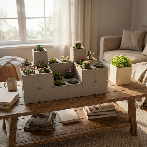 Grey Cubik table garden set 3, angled view