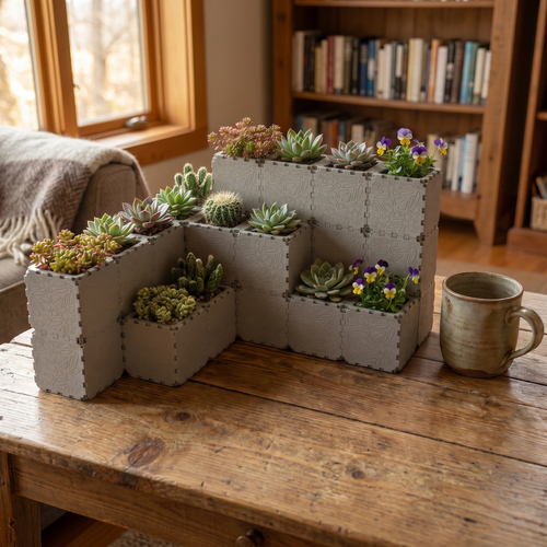 Grey Cubik table garden set with succulents on a wooden table