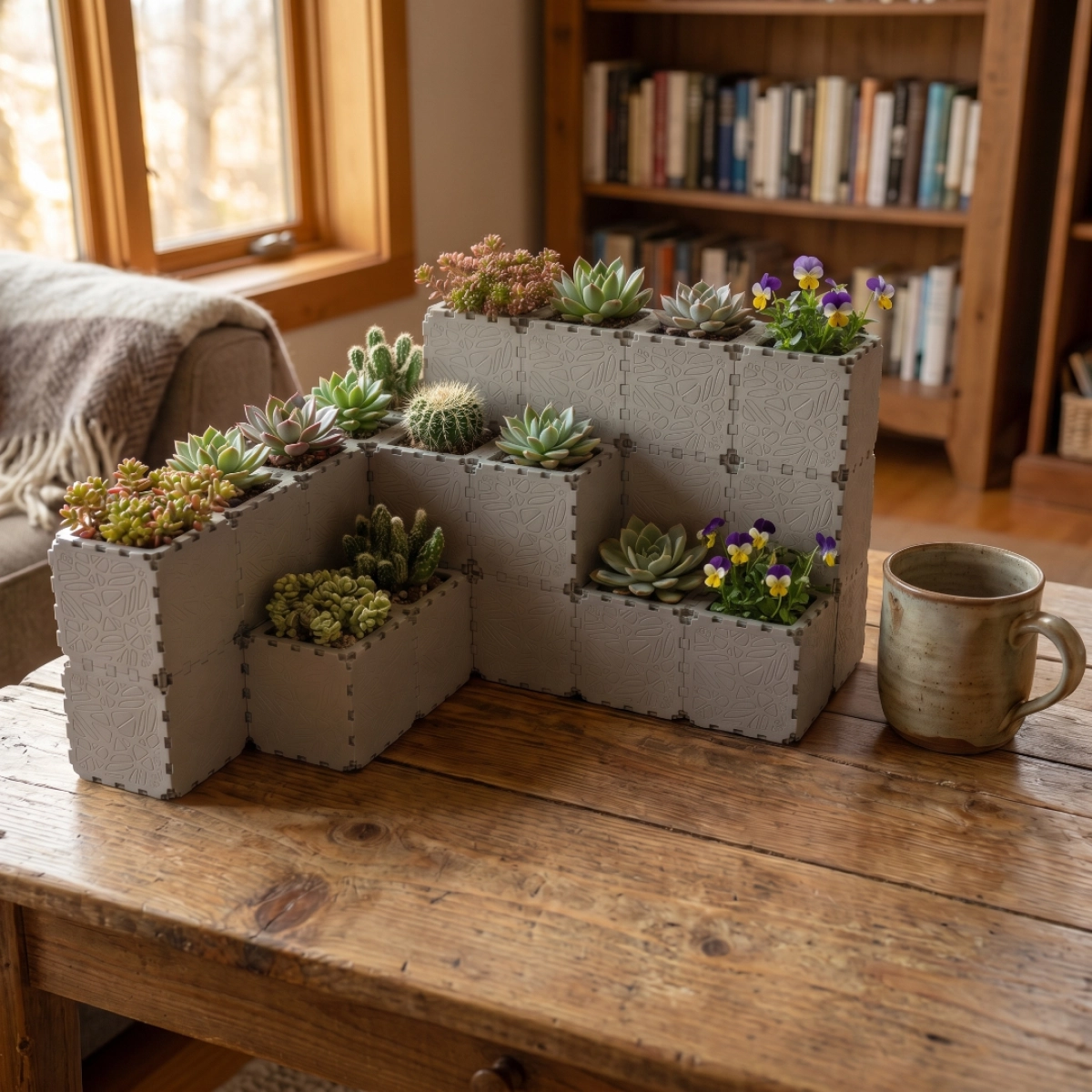 Grey Cubik table garden set with succulents on a wooden table