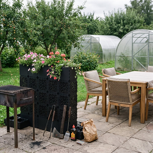Black Cubik Divider 31 with flowers beside a garden BBQ