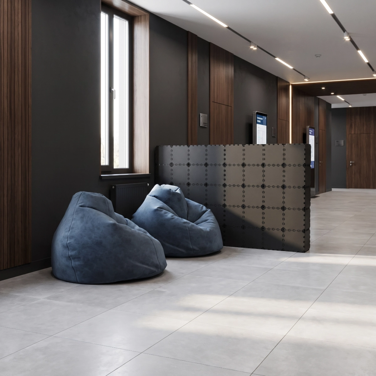 Black Cubik Divider 20 in a lobby with bean bags