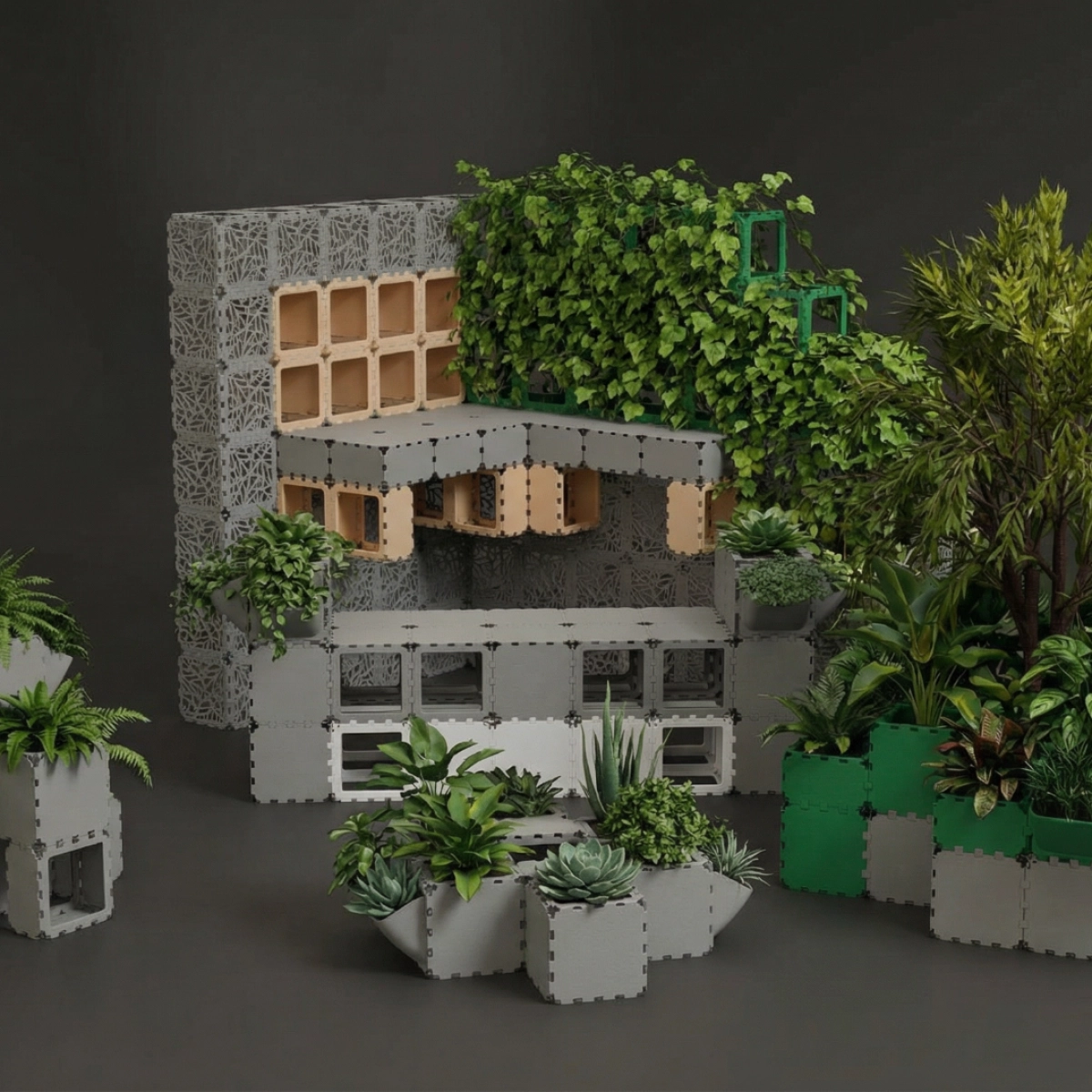 Cubik Helsinki exhibition pavilion with green walls, studio view