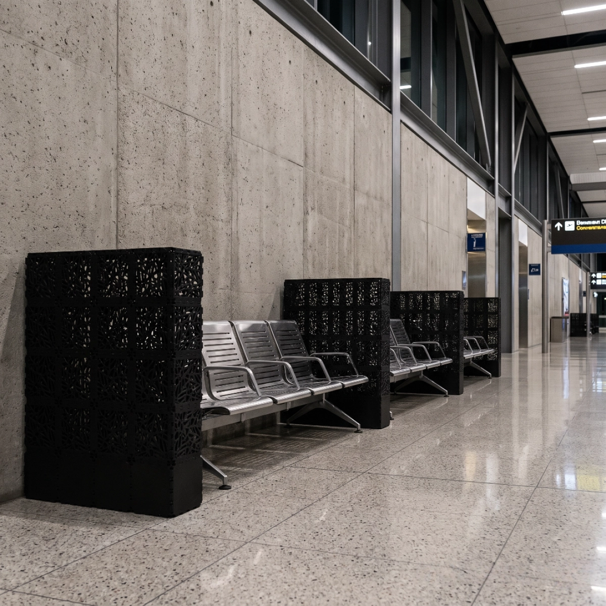 Black Cubik Zoning 20 screens along a seating row