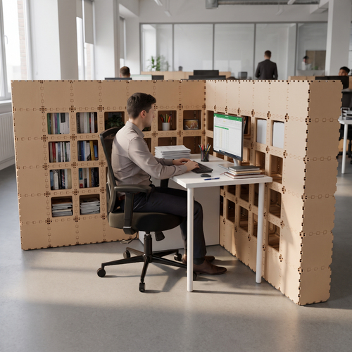 Beige Cubik L-1 booth, person working at a white desk