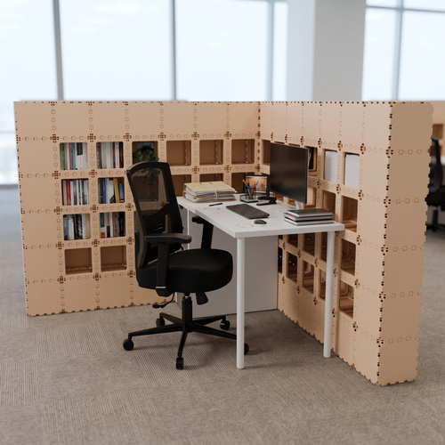 Beige Cubik L-1 workstation with white desk and open shelves