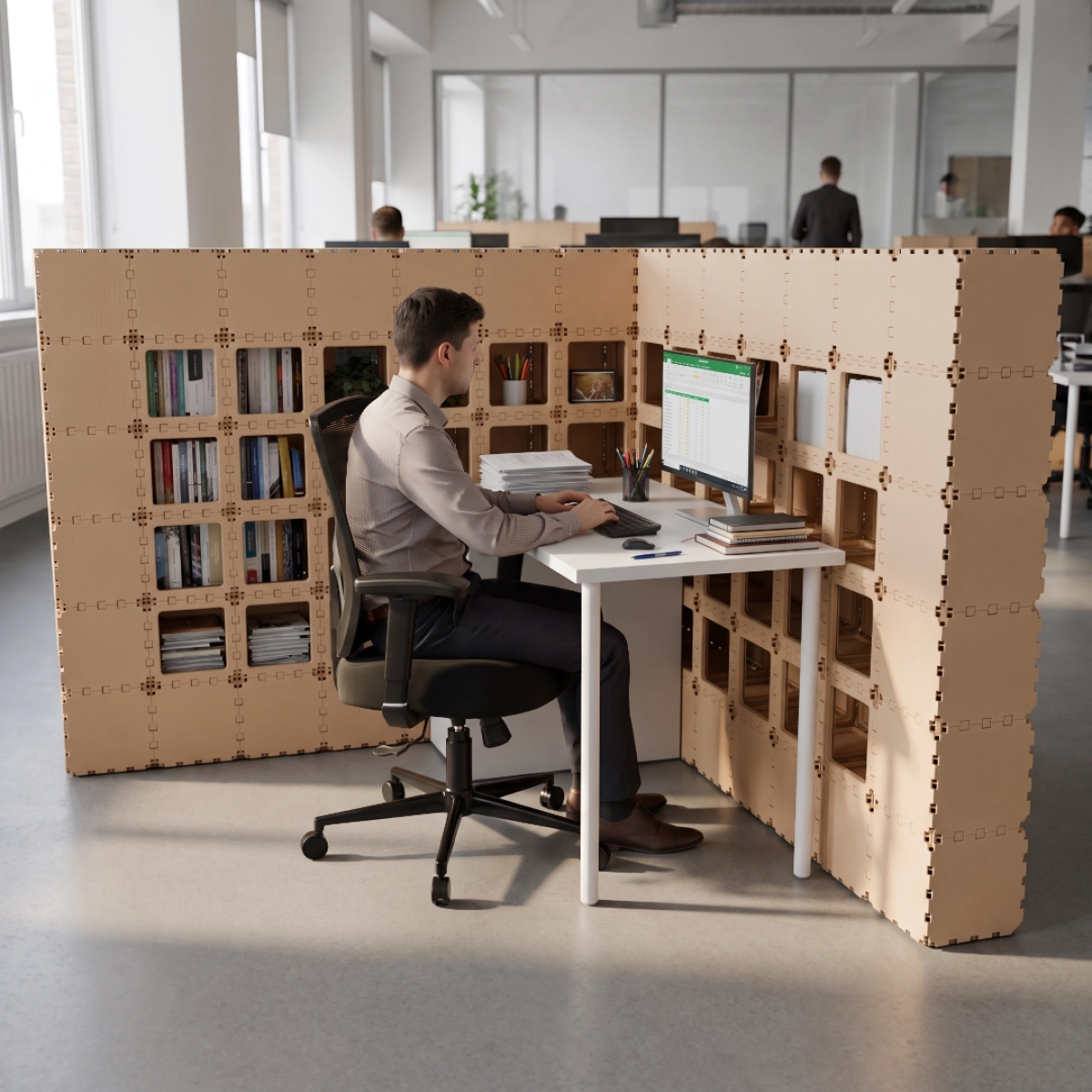 Beige Cubik L-1 booth, person working at a white desk