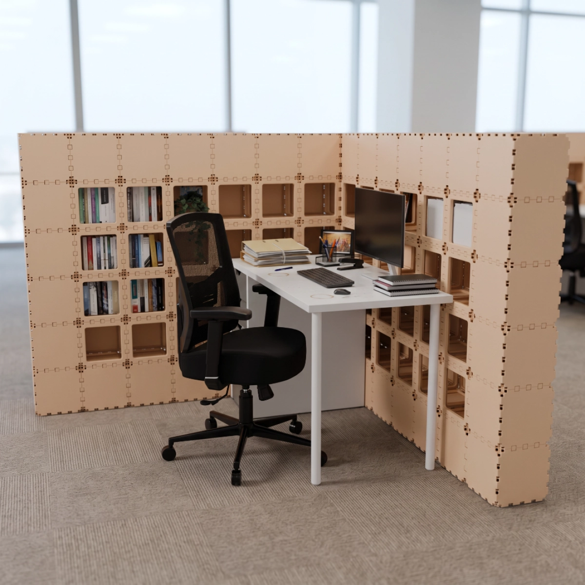 Beige Cubik L-1 workstation with white desk and open shelves