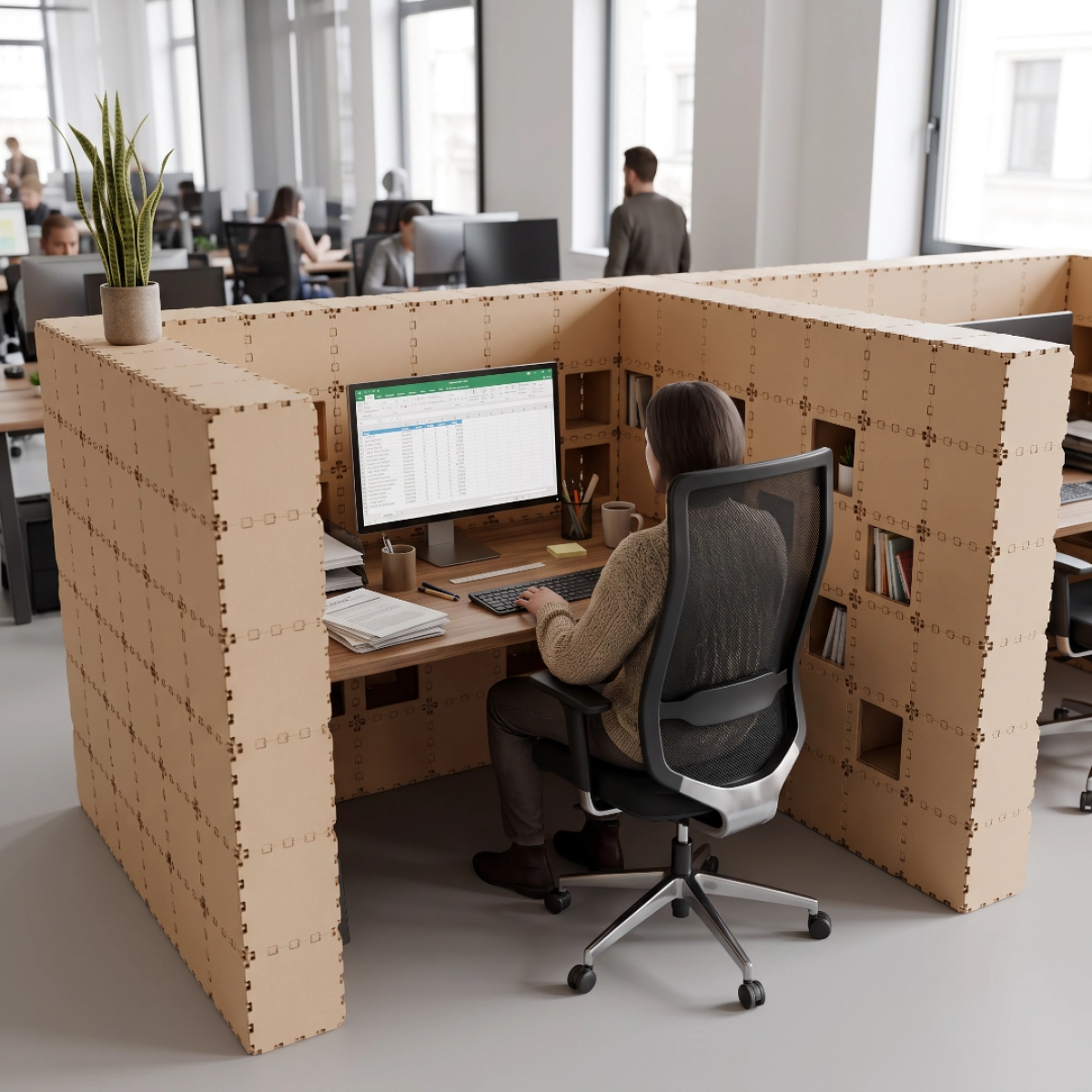 Beige Cubik W-2 booth, person working at a computer in an open office