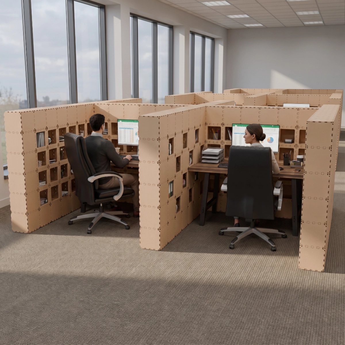 Beige Cubik W-2 cluster, two facing workstations in an open office