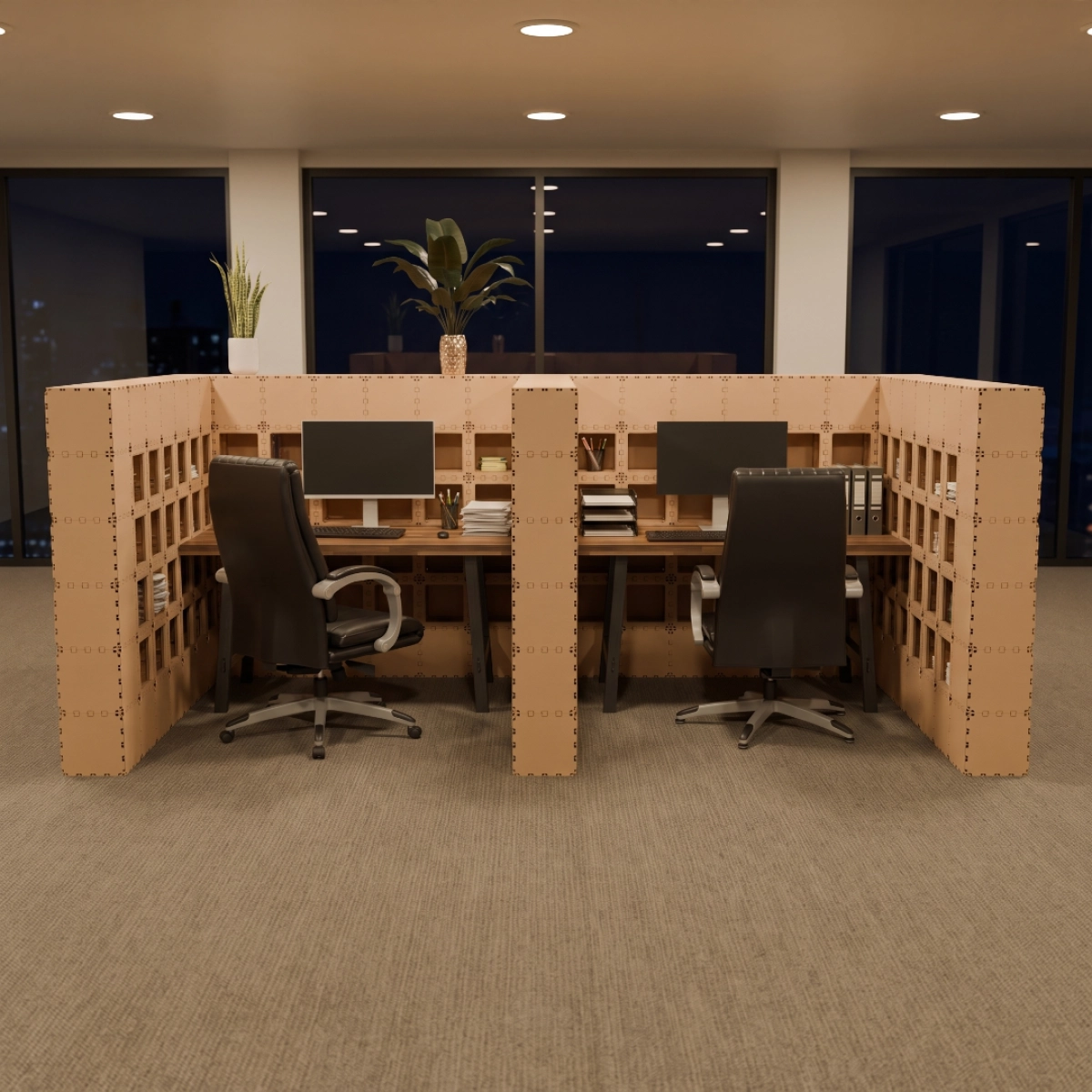 Beige Cubik W-2 double workstation at night, two desks with monitors