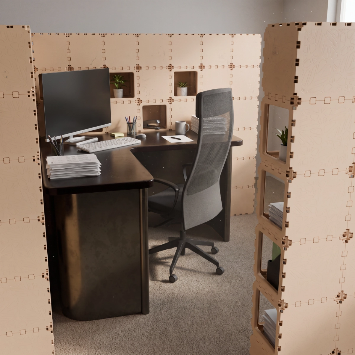 Beige Cubik X-4 booth interior with an L-shaped desk