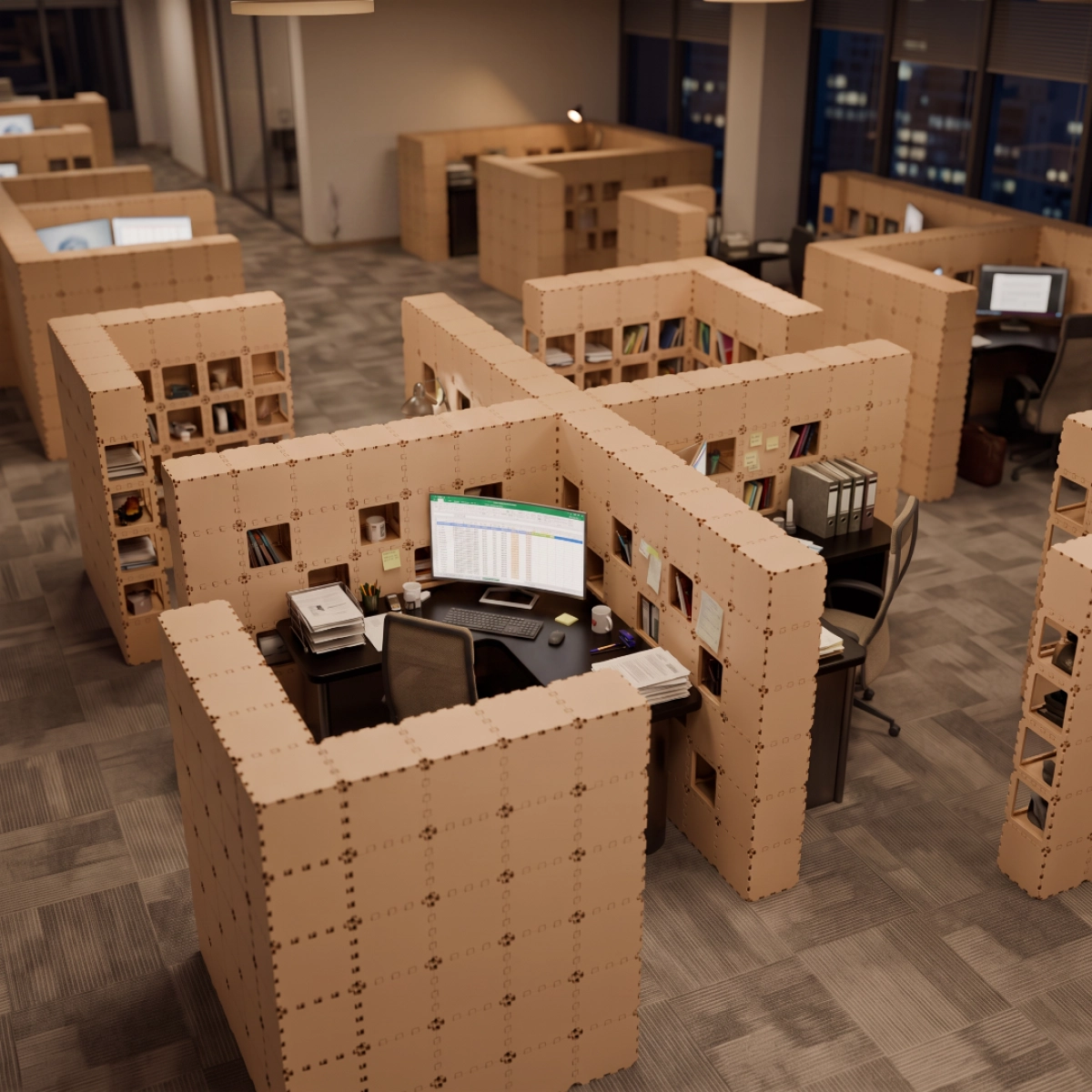 Beige Cubik X-4 workstations in an open office at night