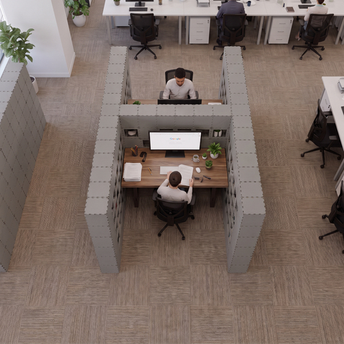 Grey Cubik H-2 double workstation, top view of two facing desks