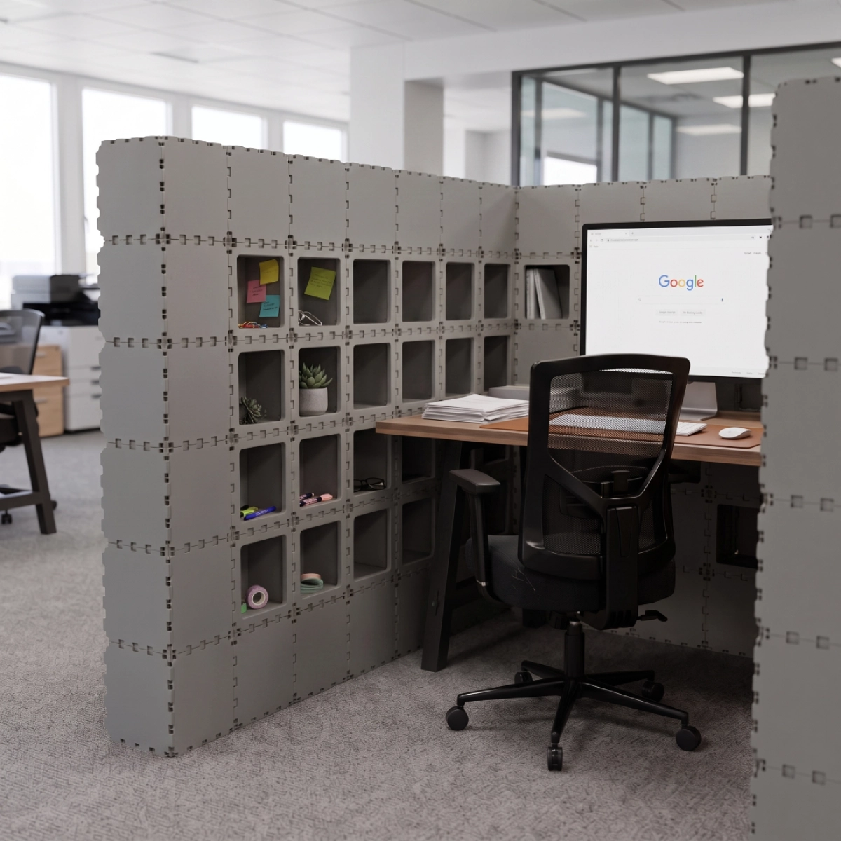 Grey Cubik H-2 workstation with cubby shelves and a desk