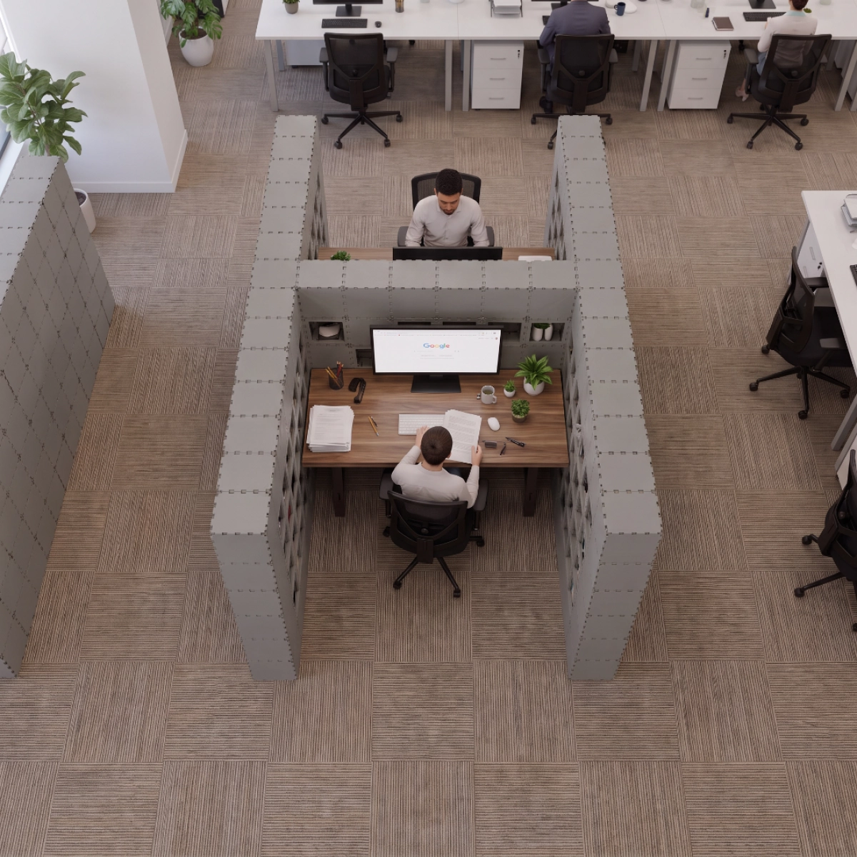 Grey Cubik H-2 double workstation, top view of two facing desks
